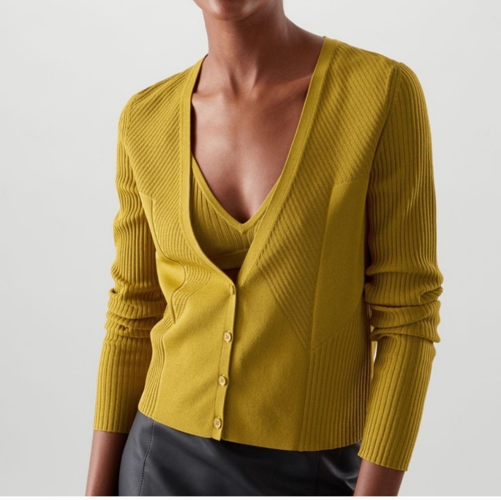 COS Mustard Yellow Ribbed V‑Neck Cardigan